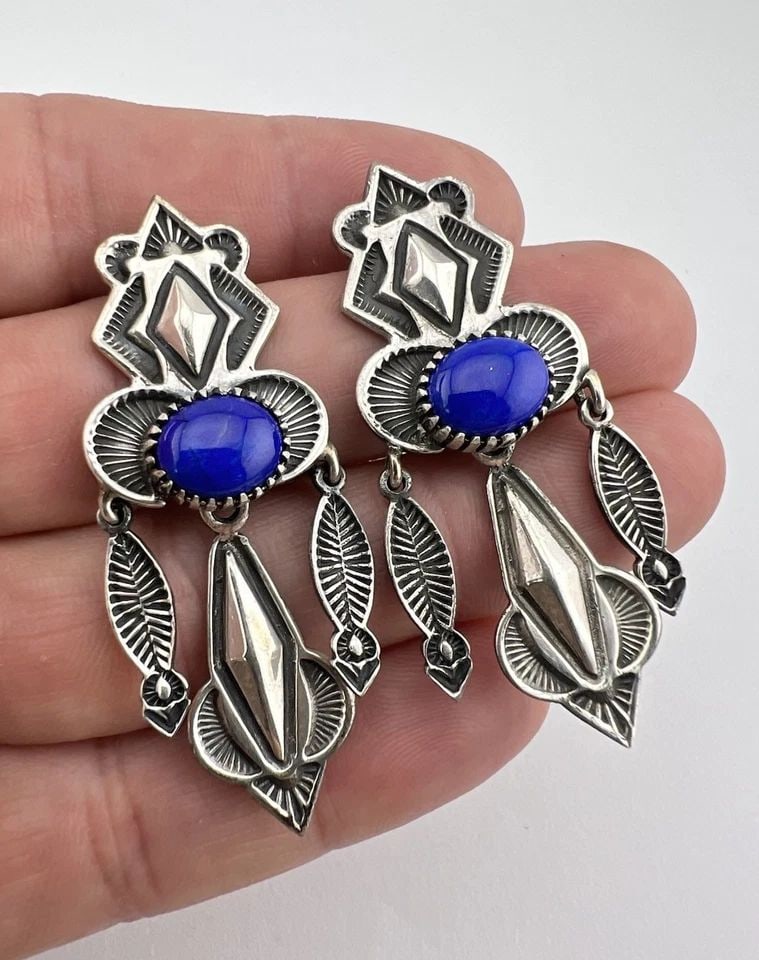 VTG NAVAJO STERLING SILVER LAPIS LAZULI TURQUOISE STAMPED DANGLE EARRINGS 2 1/8": VTG NAVAJO STERLING SILVER LAPIS LAZULI TURQUOISE STAMPED DANGLE EARRINGS 2 1/8" Vtg Navajo Sterling Silver Lapis Lazuli Turquoise Stamped Dangle Earrings 2 1/8" Size: 2 1/8" Tall With Dangle & 1" Wid