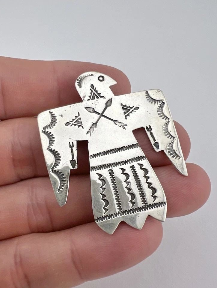 FRED HARVEY STYLE NAVAJO STERLING SILVER THUNDERBIRD PIN BROOCH PENDANT 1 7/8" (1 of 2)