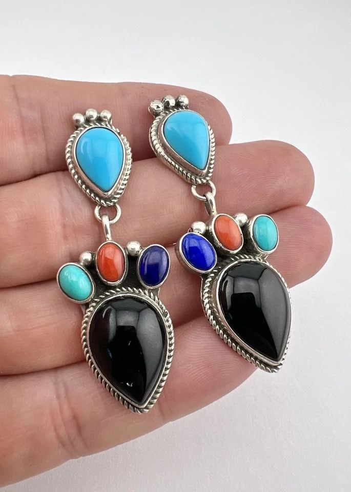 VTG NAVAJO STERLING SILVER TURQUOISE & LAPIS & CORAL & ONYX DANGLE POST EARRINGS (1 of 2)