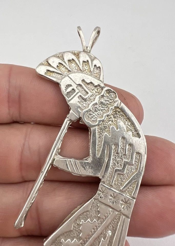VINTAGE NAVAJO STERLING SILVER KOKOPELLI OVERLAY PENDANT 3 5/8" (1 of 2)