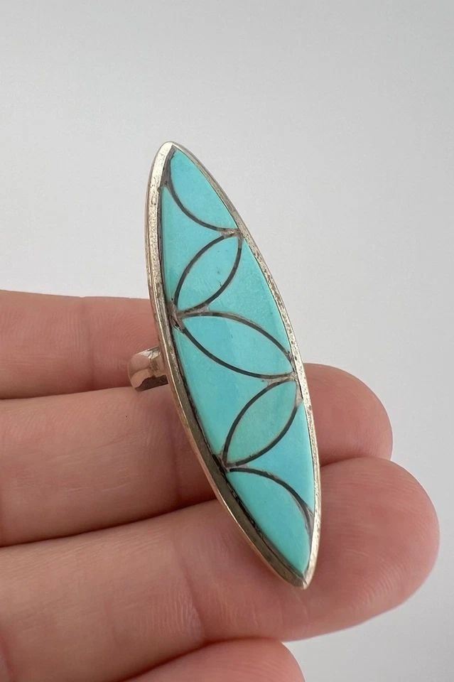 VINTAGE ZUNI FRANK VACIT STERLING SILVER TURQUOISE FISH SCALE 1 7/8" LONG RING (1 of 2)