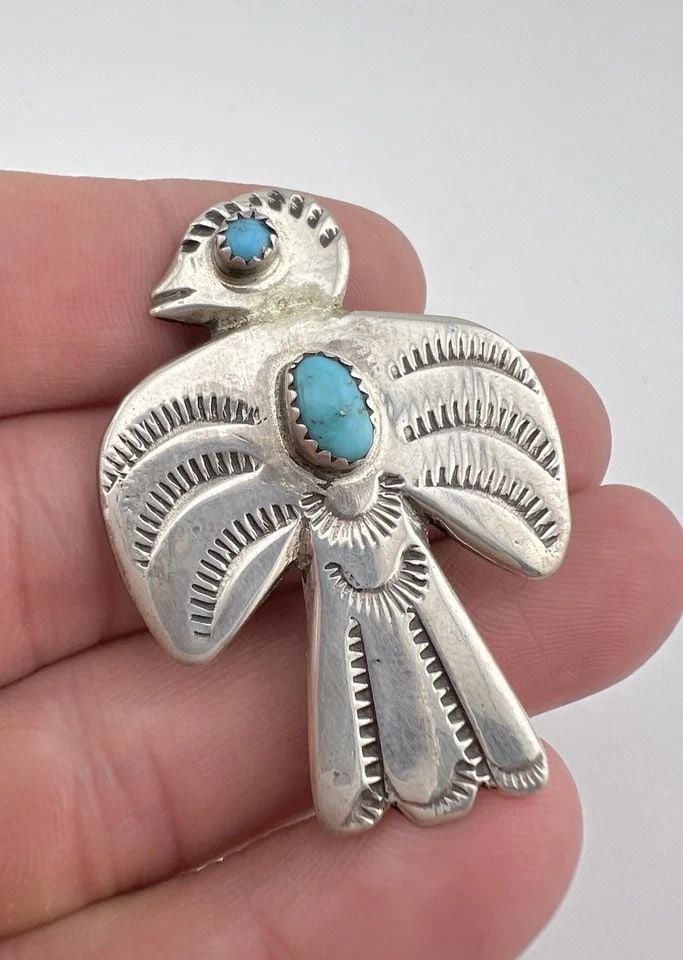 VTG FRED HARVEY NAVAJO STERLING SILVER TURQUOISE STAMPED THUNDERBIRD PIN BROOCH (1 of 2)
