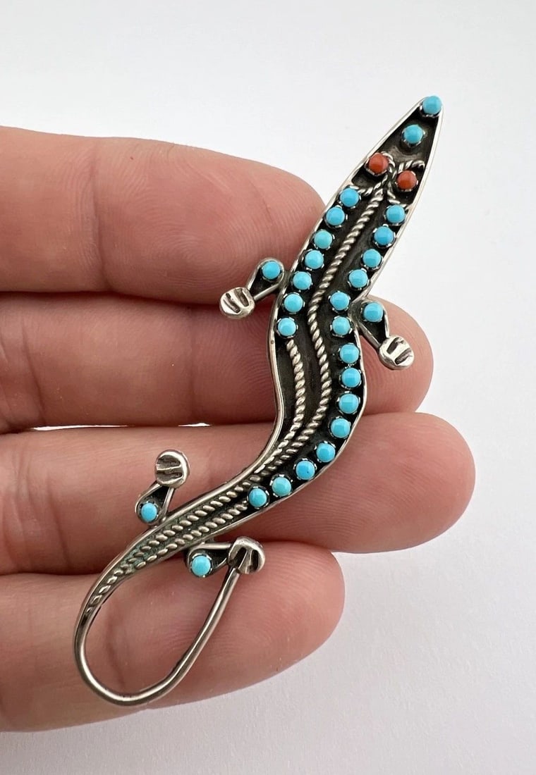 VTG ZUNI STERLING SILVER SNAKE EYE TURQUOISE CORAL LIZARD BROOCH PENDANT 2 7/8" (1 of 2)