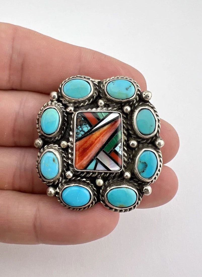 VINTAGE NAVAJO STERLING SILVER TURQUOISE & MULTI GEMSTONE CLUSTER PIN PENDANT: Vintage Navajo Sterling Silver Turquoise & Multi Gemstone Cluster Pin Pendant Size: 1 5/8" Tall by 1 1/2" Wide Metal: Sterling Silver Weight is 20.5 Grams on my scale Amazing Natural Turquoise, Coral,
