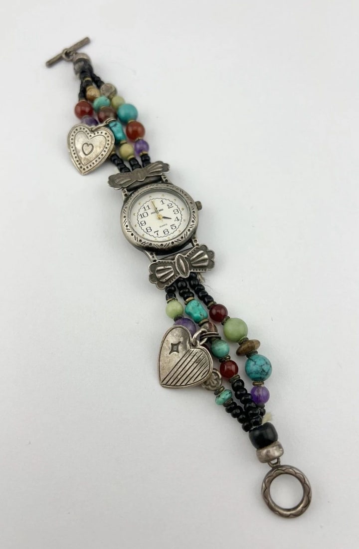 DON LUCAS PEYOTE BIRD DESIGNS STERLING SILVER MULTI GEM'S CHARMS WATCH BRACELET (1 of 2)