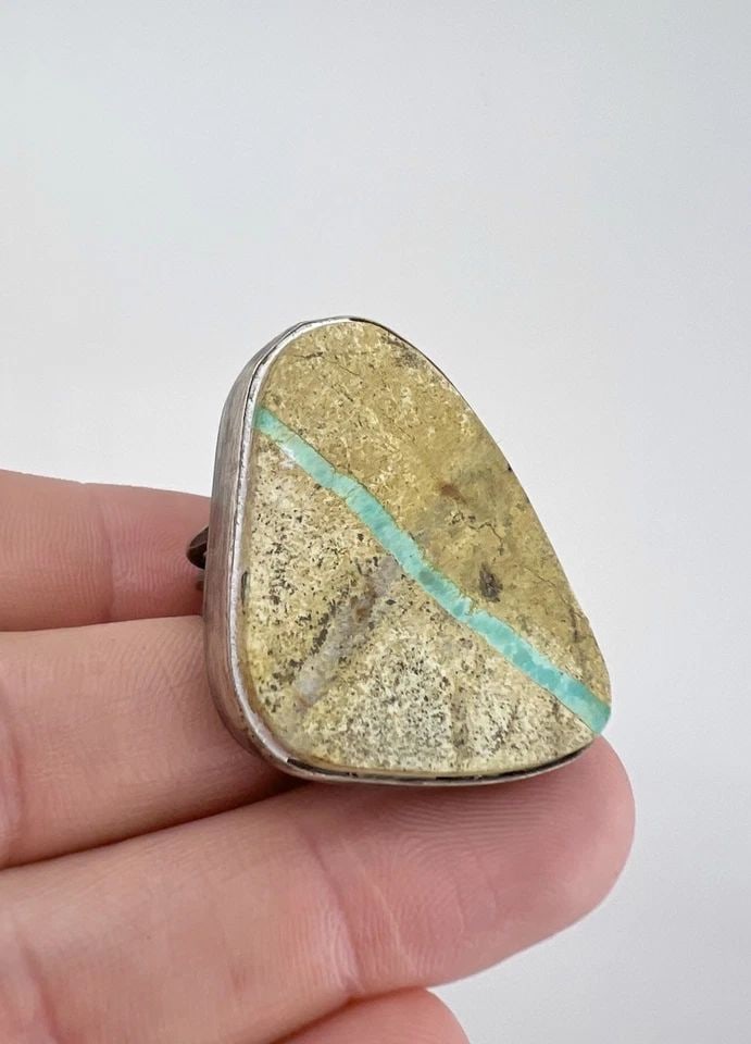 HUGE VINTAGE CB NAVAJO STERLING SILVER RIBBON BOULDER ROYSTON TURQUOISE RING: HUGE Vintage CB Navajo Sterling Silver Ribbon Boulder Royston Turquoise Ring Ring Size: Around 7 - Can Be Re Sized Weight is 16.2 Grams on my scale Metal: Sterling Silver Ring is 1 3/8" Tall In the Ce