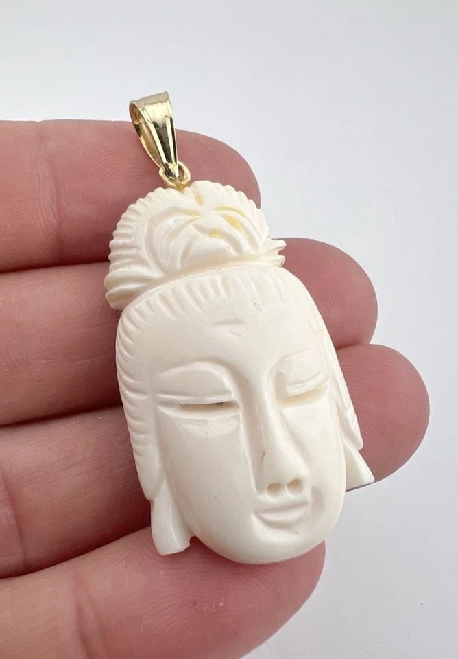ANTIQUE 14K YELLOW GOLD NATURAL WHITE ANGEL SKIN CORAL CARVED BUDDHA PENDANT 2" (1 of 2)