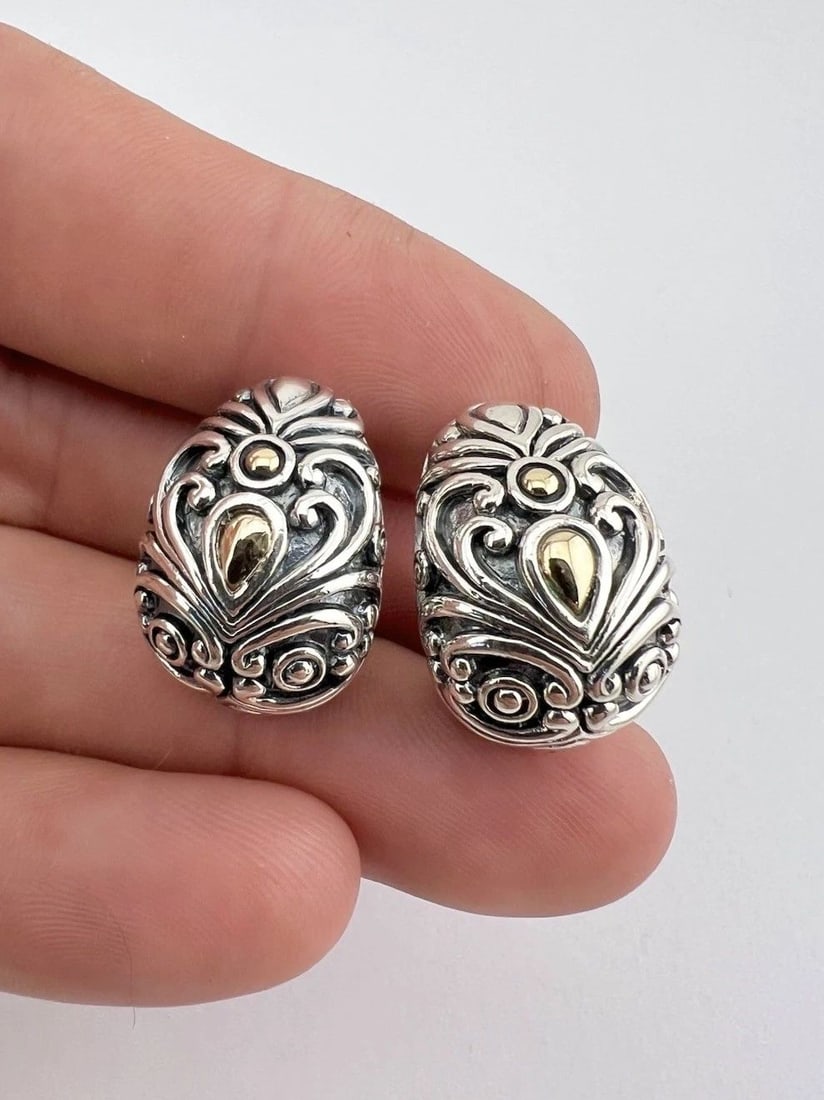 JOHN HARDY STERLING SILVER & 14K GOLD HIGGIE HOOP OMEGA BACK EARRINGS: John Hardy Sterling Silver & 14K Gold Higgie Hoop Omega Back Earrings Size: 7/8" Tall by 5/8" Wide at The Base Weight is 14.6 Grams on my scale Metal: Sterling Silver & 14k Yellow Gold Artist Signed: 