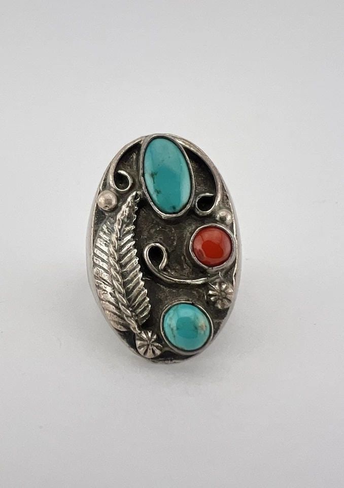 VTG NAVAJO STERLING SILVER KINGMAN TURQUOISE CORAL STAMPED INGOT MENS RING 16.9G: VTG NAVAJO STERLING SILVER KINGMAN TURQUOISE CORAL STAMPED INGOT MENS RING 16.9G Vtg Navajo Sterling Silver Kingman Turquoise Coral Stamped Ingot Men's Ring 16.9g Ring Size: 11.75 - Can Be Re Sized We