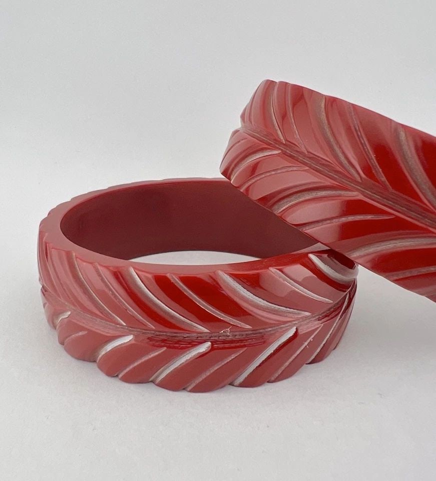 2 - VTG BAKELITE CHERRY WINE RED DEEPLY CARVED HAWAIIAN WIDE BANGLE BRACELET'S (1 of 2)