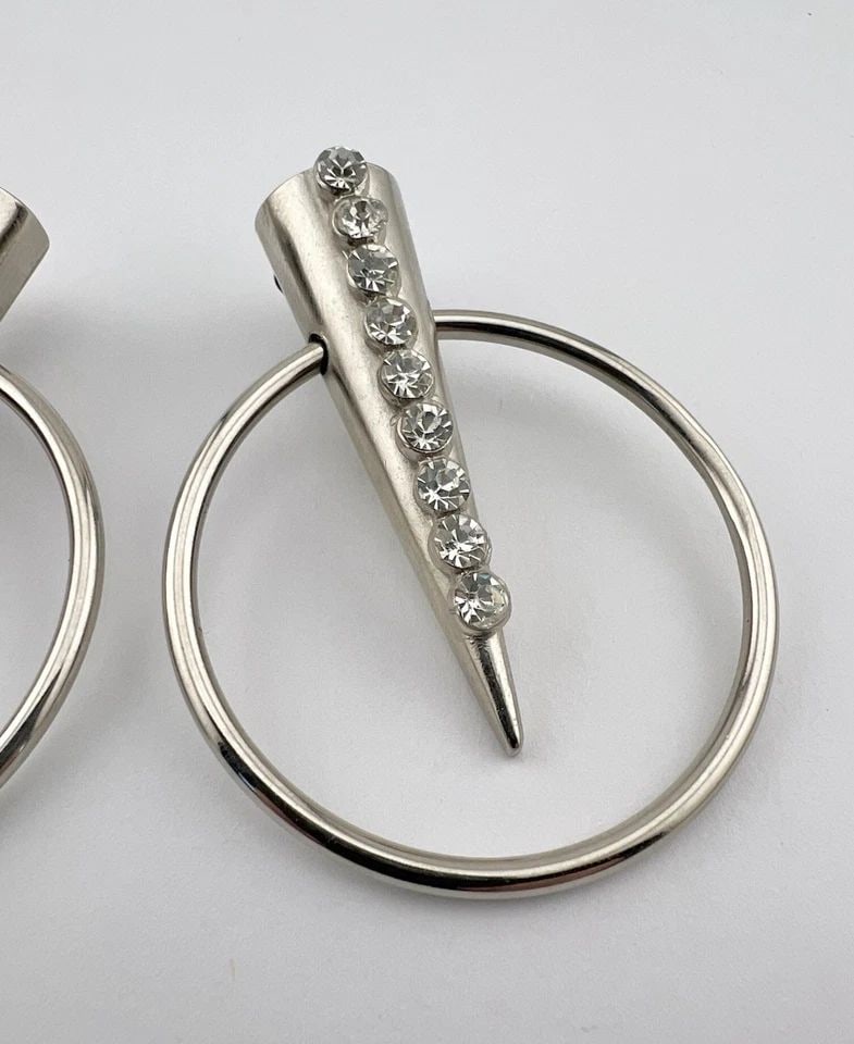 VINTAGE 1980S GIANNI VERSACE SILVER TONE GEOMETRIC CLIP ON EARRINGS 2 5/8" (1 of 2)