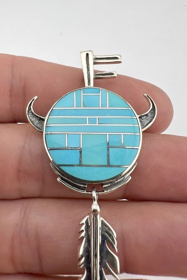 VTG NAVAJO STERLING SILVER FLUSH TURQUOISE HORNED YEI KACHINA DANGLE PENDANT 3": VTG NAVAJO STERLING SILVER FLUSH TURQUOISE HORNED YEI KACHINA DANGLE PENDANT 3" HUGE Vtg NAVAJO Sterling Silver Flush Turquoise Horned Yei Kachina Dangle Pendant 3" Size: 3" Tall With Bail & 1 1/4" Wi