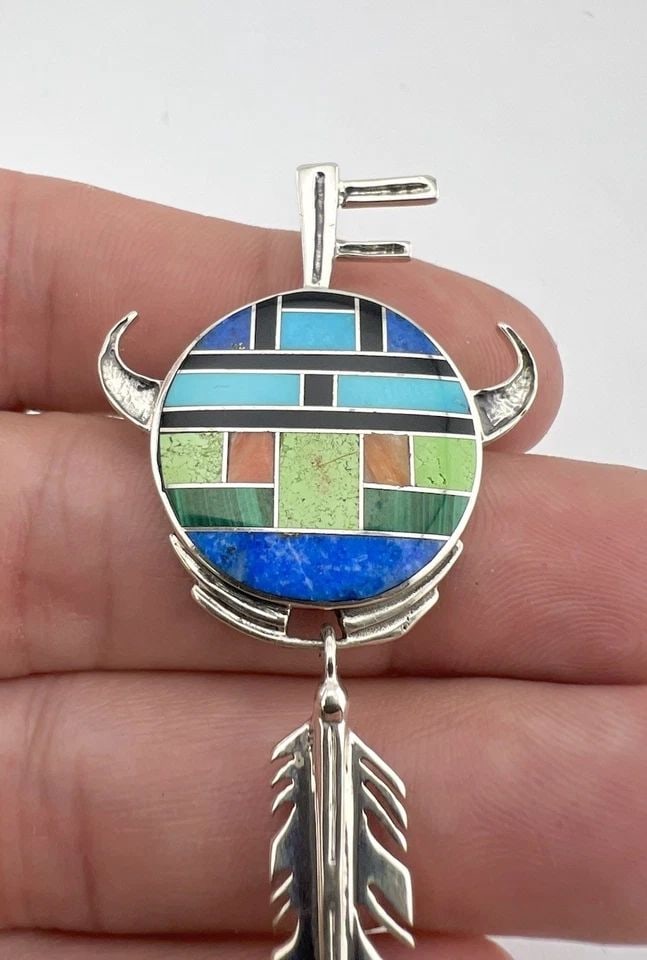 VTG NAVAJO STERLING SILVER FLUSH MULTI GEMS HORNED YEI KACHINA DANGLE PENDANT 3": VTG NAVAJO STERLING SILVER FLUSH MULTI GEMS HORNED YEI KACHINA DANGLE PENDANT 3" Vtg NAVAJO Sterling Silver Flush Multi Gemstone Horned Yei Kachina Dangle Pendant 3" Size: 3" Tall With Bail & 1 1/4" W