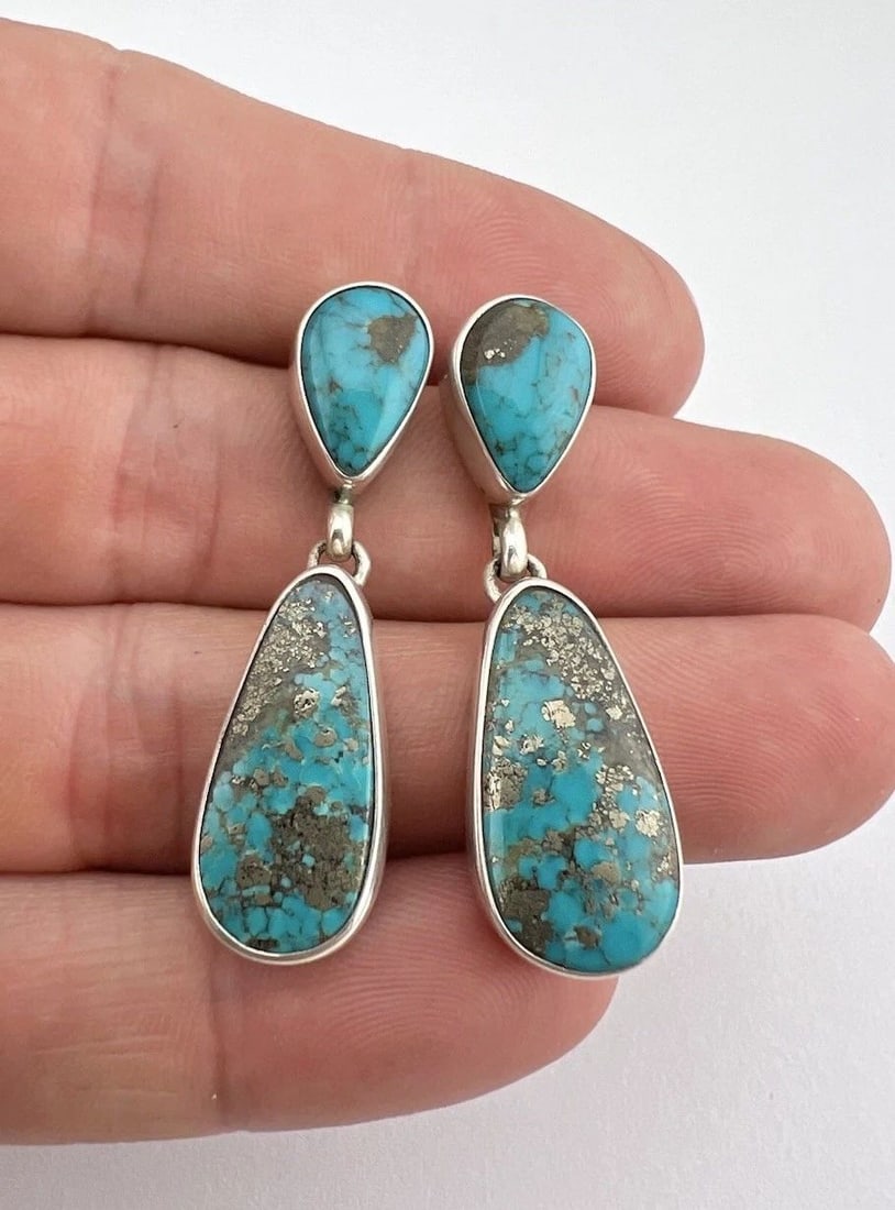 VINTAGE NAVAJO STERLING SILVER MORENCI TURQUOISE POST DANGLE EARRINGS 1 5/8" (1 of 2)