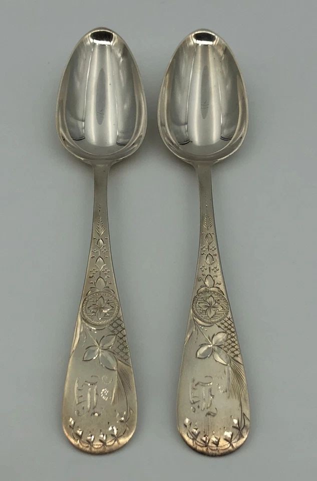 2 - 8.5" ANTIQUE S D BROWER & SON ENGRAVED FLORAL CUT STERLING SILVER SPOON SET (1 of 2)