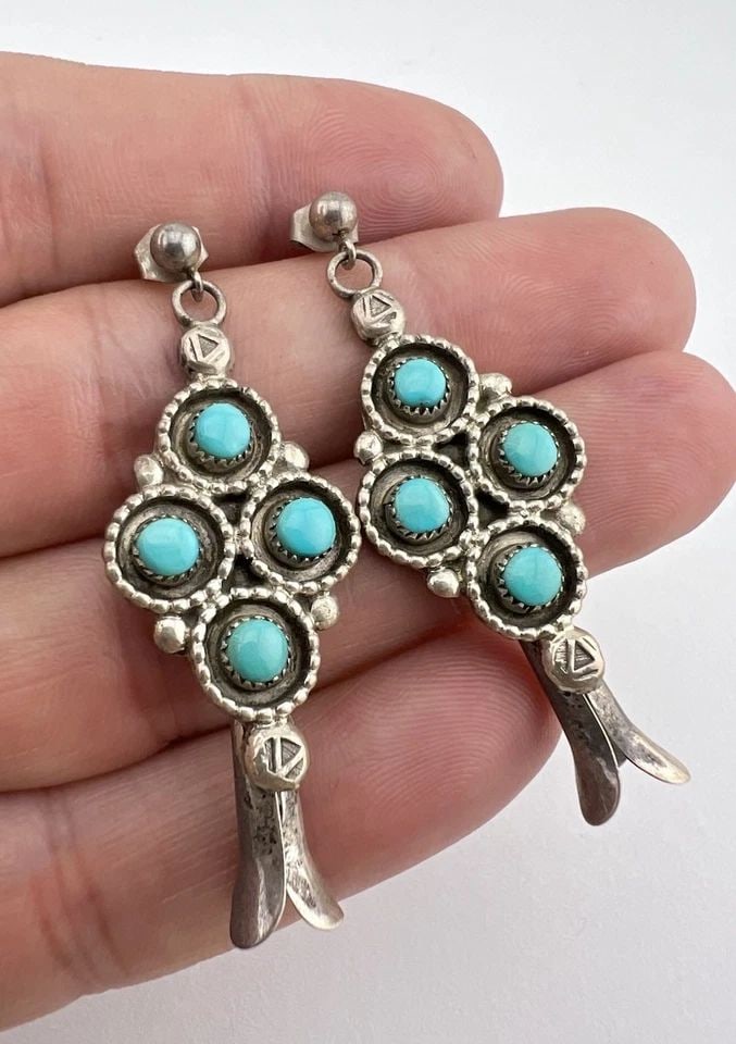 BERNAL NATEWA ZUNI STERLING SILVER TURQUOISE CLUSTER BLOSSOM POST EARRINGS 2": BERNAL NATEWA ZUNI STERLING SILVER TURQUOISE CLUSTER BLOSSOM POST EARRINGS 2" Vtg Bernal Natewa Zuni Sterling Silver Turquoise Cluster Blossom Post Earrings 2" Size: 2" Tall With Dangle By 3/4" Wide W