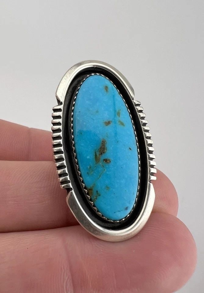 VTG BEGAY NAVAJO STERLING SILVER BLUE GEM TURQUOISE DOUBLE STACK LONG RING 1.5" (1 of 2)