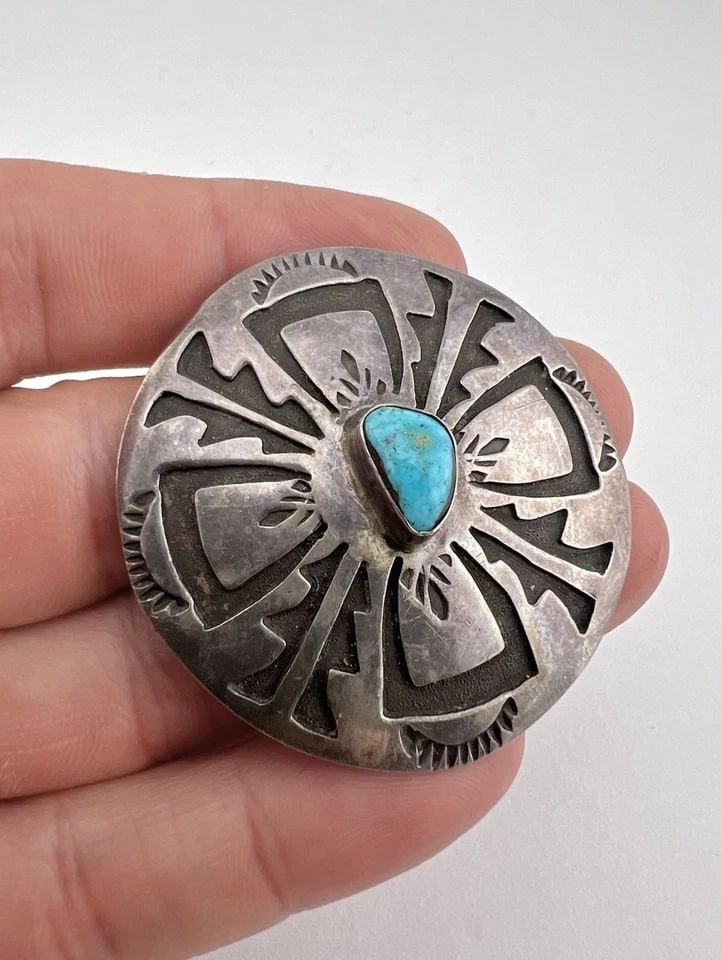 VTG HOPI / NAVAJO STERLING SILVER TURQUOISE TRIBAL OVERLAY ROUND PENDANT 1.75" (1 of 2)
