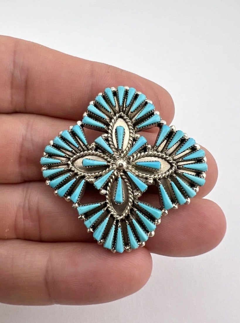 VINTAGE ZUNI STERLING SILVER PETIT POINT TURQUOISE CLUSTER PIN PENDANT 1 5/8" (1 of 2)