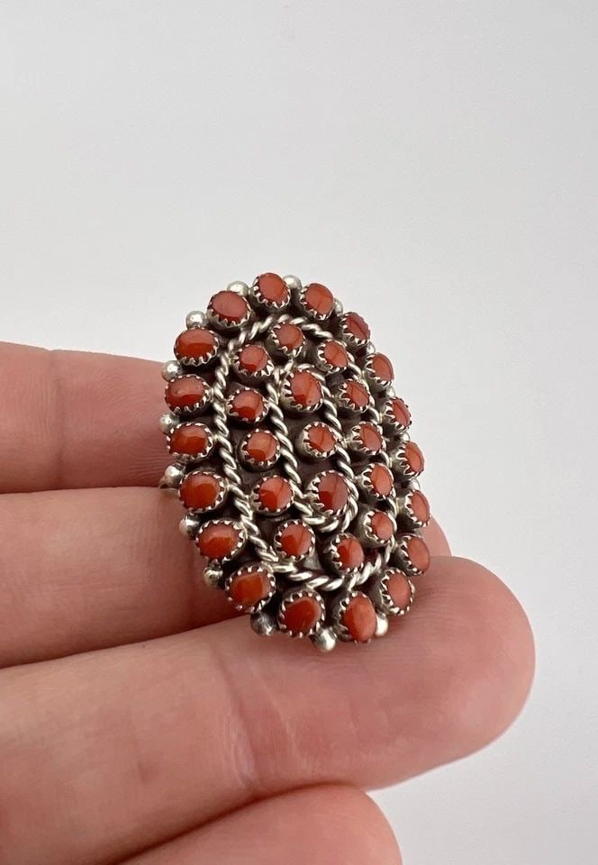 VTG ZUNI STERLING SILVER PETIT POINT SNAKE EYE NATURAL RED CORAL WOMEN'S RING: Vtg Zuni Sterling Silver Petit Point Snake Eye Natural Red Coral Women's Ring Ring Size is Around 6 - 6.5 Weight is 5.7 Grams on my scale Metal: Sterling Silver Ring is 1 1/4" Tall In the Center Amazi