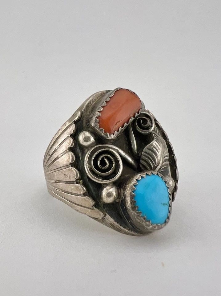 VTG NAVAJO STERLING SILVER SLEEPING BEAUTY TURQUOISE & CORAL 3D MEN'S RING 22.4G: VTG NAVAJO STERLING SILVER SLEEPING BEAUTY TURQUOISE & CORAL 3D MEN'S RING 22.4G Vtg Navajo Sterling Silver Sleeping Beauty Turquoise & Coral 3D Men's Ring 22.4g Ring Size: 13.25 - Can Be Re Sized Wei