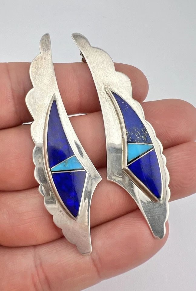 VTG NAVAJO STERLING SILVER TURQUOISE & LAPIS LAZULI FLUSH POST EARRINGS 2 3/4" (1 of 2)