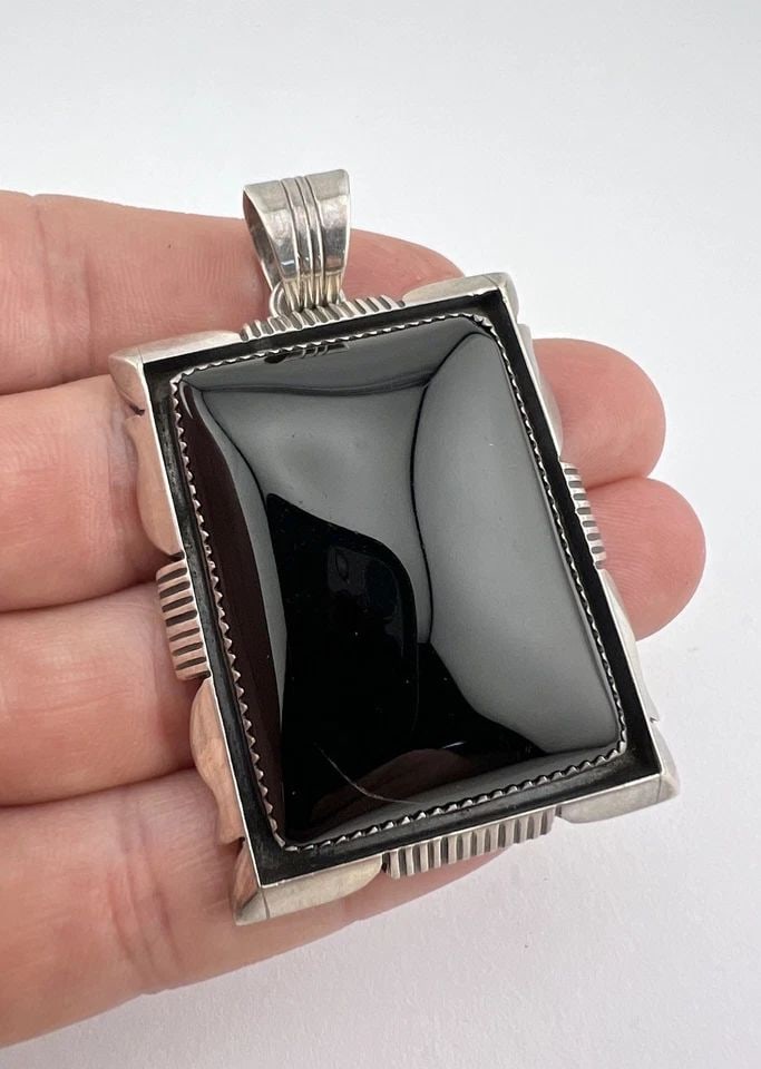 #1 VINTAGE WILL DENETDALE NAVAJO STERLING SILVER ONYX RECTANGLE PENDANT 2 5/8" (1 of 2)