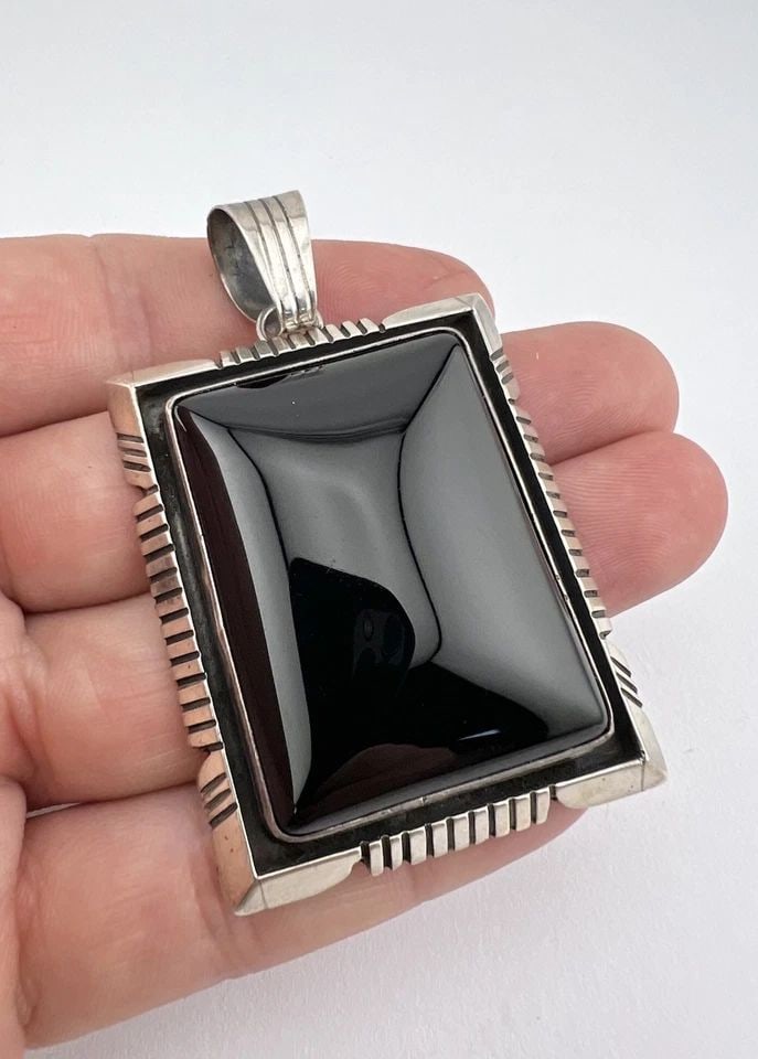 #2 VINTAGE WILL DENETDALE NAVAJO STERLING SILVER ONYX RECTANGLE PENDANT 2 3/4": #2 VINTAGE WILL DENETDALE NAVAJO STERLING SILVER ONYX RECTANGLE PENDANT 2 3/4" #2 Vintage Will Denetdale Navajo Sterling Silver Onyx Double Stack Rectangle Pendant 2 3/4" Size: 2 3/4" Tall With Bail &