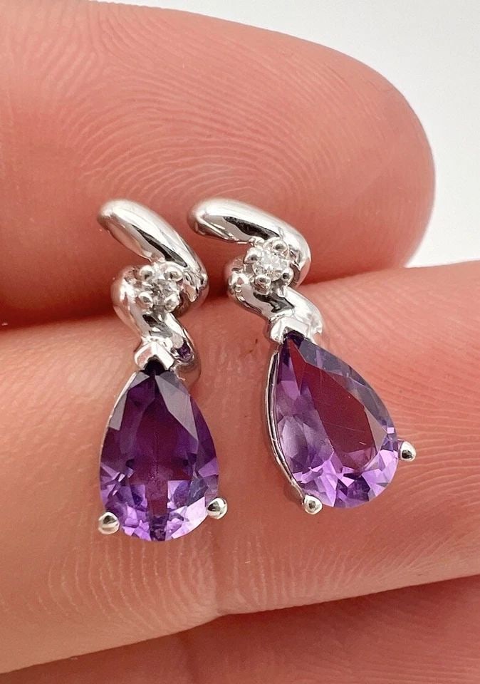 DESIGNER 14K WHITE GOLD 1.30CTS PEAR PURPLE AMETHYST & DIAMOND POST EARRINGS (1 of 2)