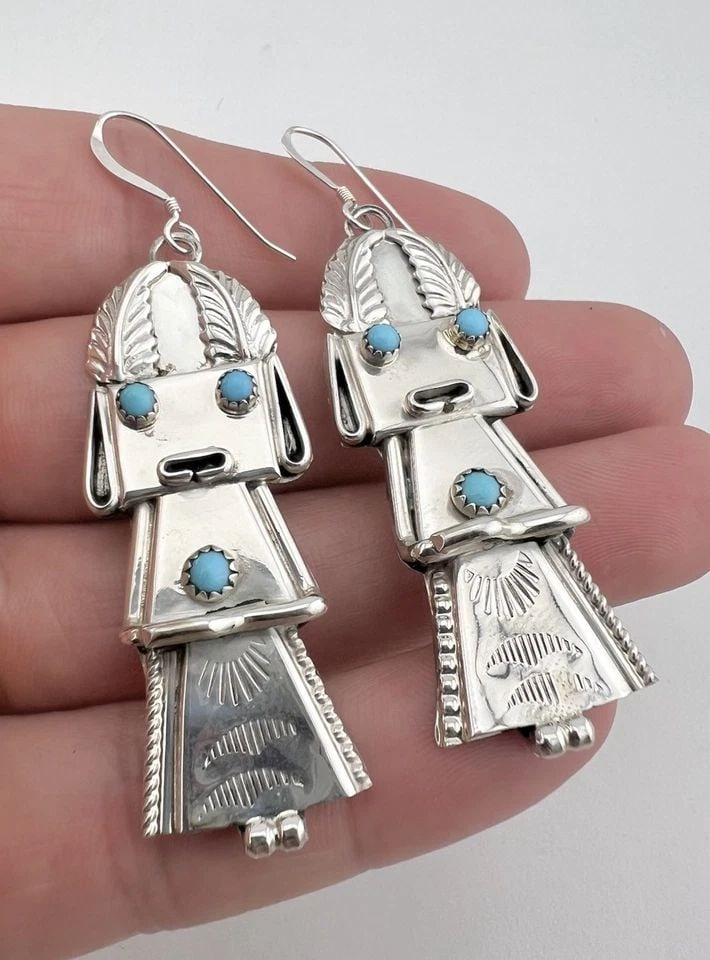 VTG FRANK YAZZIE NAVAJO STERLING SILVER TURQUOISE KACHINA DANGLE EARRINGS 2 5/8" (1 of 2)