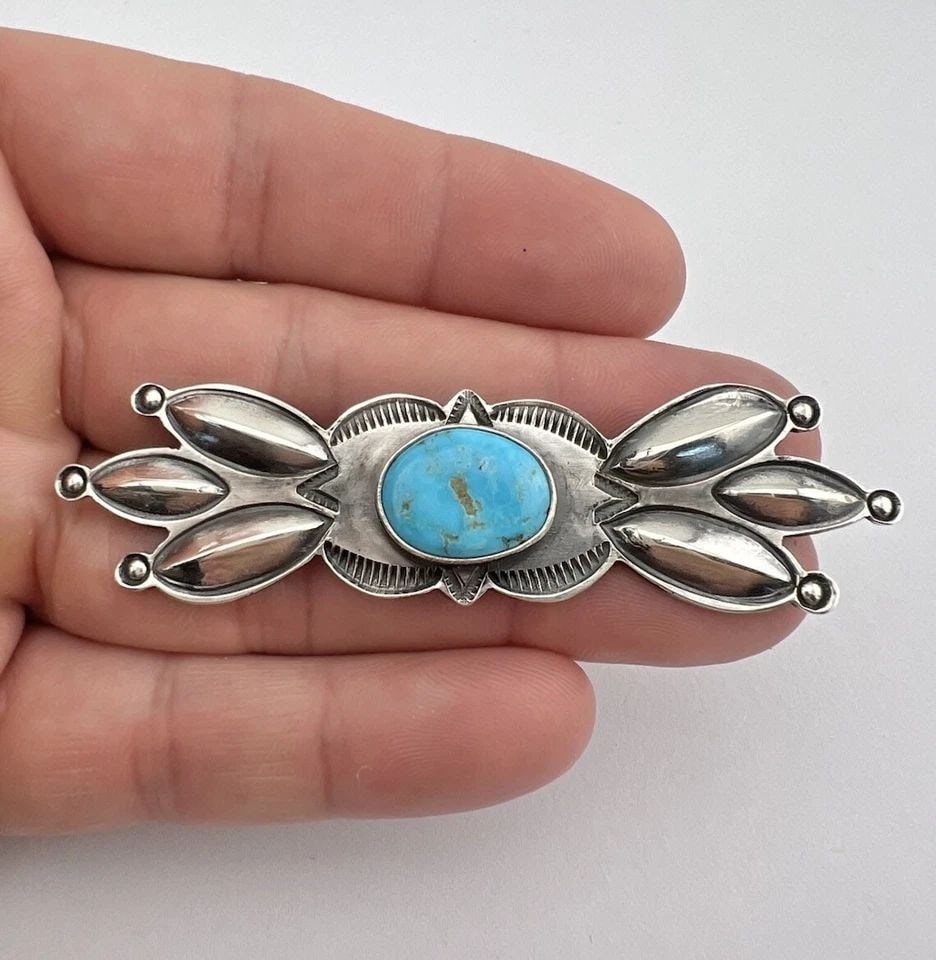 MARY CAYATINETO NAVAJO STERLING SILVER BLUE GEM TURQUOISE STAMPED BROOCH PIN 3" (1 of 2)