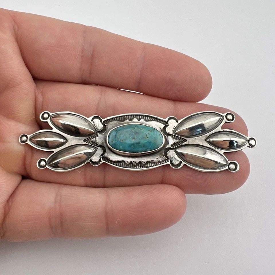 MARY CAYATINETO NAVAJO STERLING SILVER KINGMAN TURQUOISE STAMPED BROOCH PIN 3" (1 of 2)