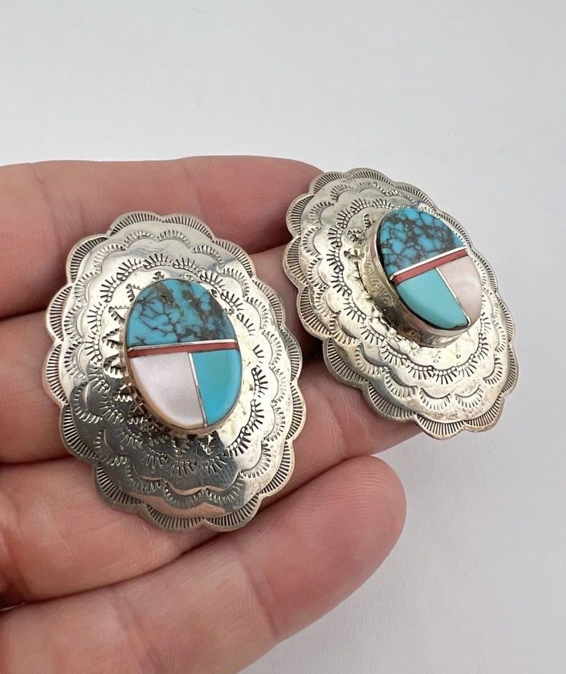 BIG VTG NAVAJO STERLING SILVER MULTI GEMSTONE STAMPED CONCHO POST EARRINGS 1.75": BIG VTG NAVAJO STERLING SILVER MULTI GEMSTONE STAMPED CONCHO POST EARRINGS 1.75" BIG Vtg Navajo Sterling Silver Multi Gemstone Stamped Concho Post Earrings 1.75" Size: 1 3/4" Tall & Over 1 1/4" Wide W