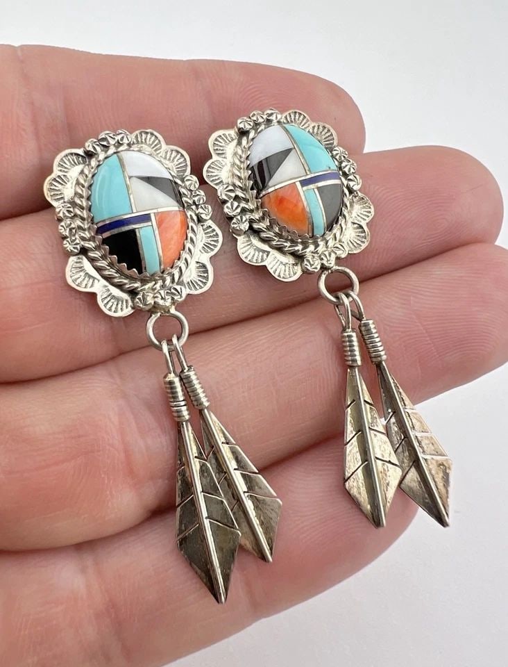 VTG NAVAJO STERLING SILVER MULTI GEMSTONE FLUSH INLAY DANGLE POST EARRINGS 2" (1 of 2)
