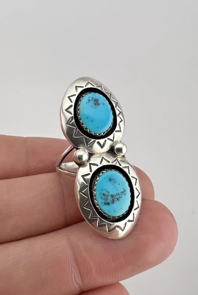 TEDDY GOODLUCK NAVAJO STERLING SILVER TURQUOISE STAMPED SHADOWBOX RING 1 5/8": Vtg Teddy Goodluck Navajo Sterling Silver Turquoise Stamped Shadowbox Ring 1 5/8" Ring Size: 6.5 - Can Be Resized Weight is 6.3 Grams on my scale Test Positive For Sterling Silver Ring is 1 5/8" Tall 