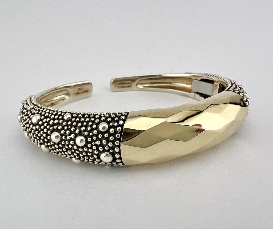 MICHAEL DAWKINS STERLING SILVER & FACETED GOLD DOT PEBBLE HINGED CUFF BRACELET: MICHAEL DAWKINS STERLING SILVER & FACETED GOLD DOT PEBBLE HINGED CUFF BRACELET Michael Dawkins Sterling Silver & Faceted Gold Dot Pebble Hinged Cuff Bracelet Cuff Will Fit Up To A 6.5" Wrist Perfectly