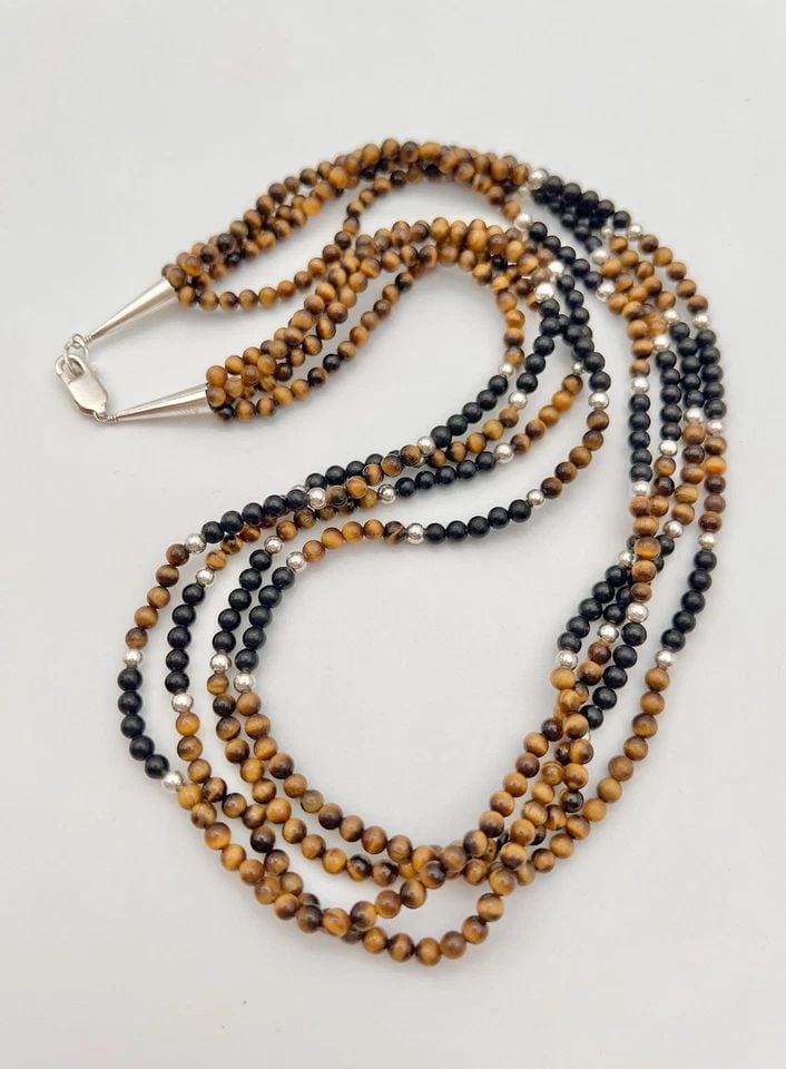 VTG NAVAJO TIGERS EYE & ONYX BALL BEAD STERLING SILVER 4 STRAND NECKLACE 23.5" (1 of 2)