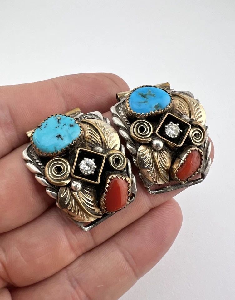 VTG NAVAJO STERLING & GOLD FILLED TURQUOISE & CORAL & CZ MEN'S WATCH TIPS: VTG NAVAJO STERLING & GOLD FILLED TURQUOISE & CORAL & CZ MEN'S WATCH TIPS Vtg Navajo Sterling & Gold Filled Turquoise & Coral & CZ Men's Watch Tips Weight 24.4 Grams on my scale Size: 1 1/4" Tall By A