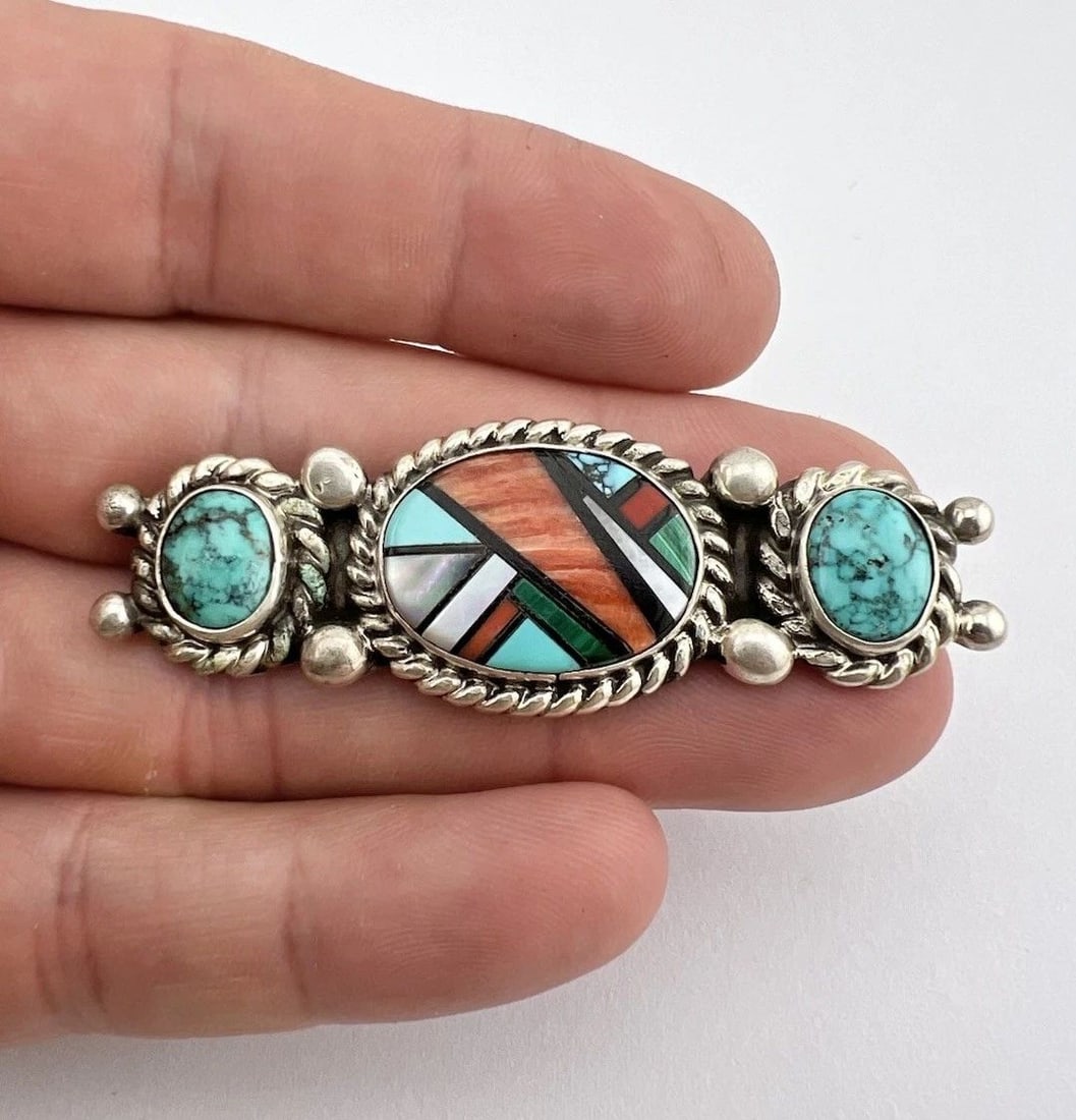 VINTAGE NAVAJO STERLING SILVER MULTI GEMSTONE FLUSH INLAY BROOCH PIN 2.5" (1 of 2)