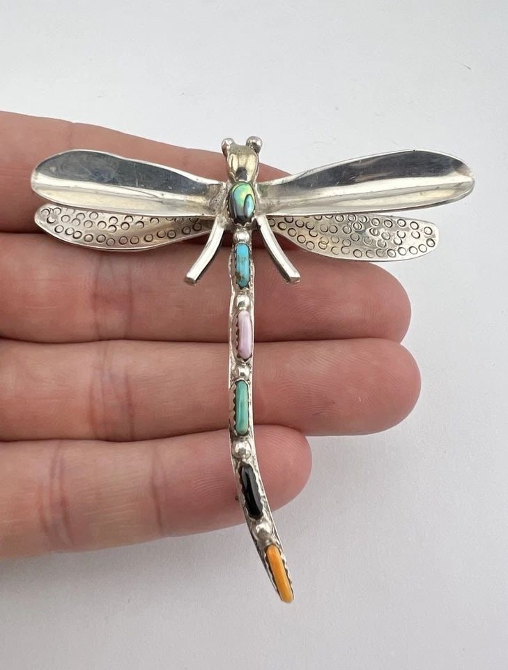 HUGE VTG NAVAJO STERLING SILVER MULTI GEMSTONE DRAGON FLY PIN PENDANT 2 3/4" (1 of 2)