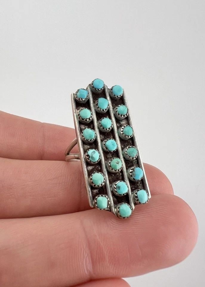 VINTAGE ZUNI STERLING SILVER PETIT POINT SNAKE EYE TURQUOISE ROW WOMEN'S RING: Vintage Zuni Sterling Silver Petit Point Snake Eye Turquoise Row Women's Ring Ring Size - 5.75 Weight is 5.0 Grams on my scale Metal: Sterling Silver Ring is Over 1 1/4" Tall In the Center Amazing Nat