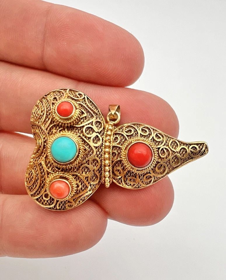 ANTIQUE CHINESE GILT SILVER TURQUOISE & RED CORAL FILIGREE GOURD CHARM PENDANT (1 of 2)