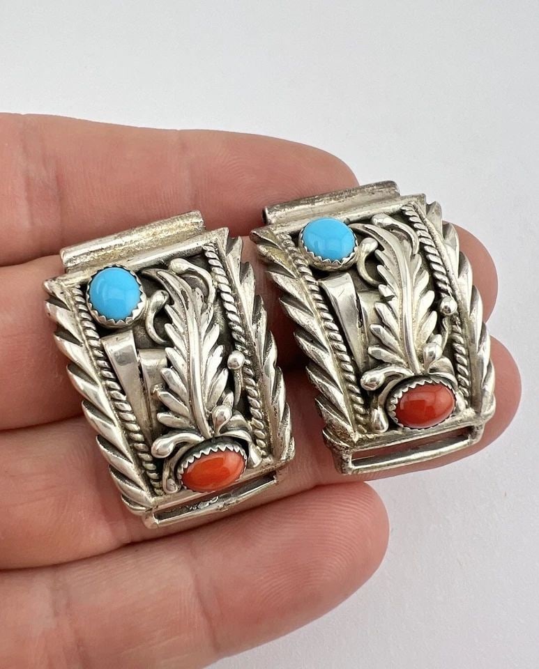 VTG NAVAJO STERLING SILVER SLEEPING BEAUTY TURQUOISE CORAL MENS WATCH TIPS 29.5G (1 of 2)