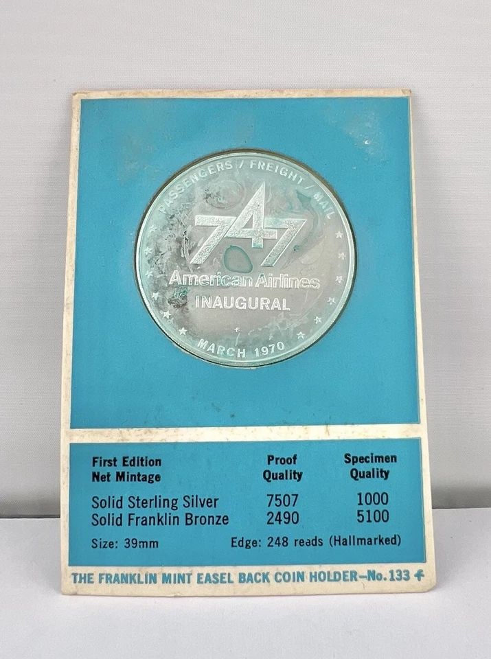 1970 AMERICAN AIRLINES 747 ASTROLINER INAUGURAL STERLING SILVER INCASED COIN NOS: 1970 AMERICAN AIRLINES 747 ASTROLINER INAUGURAL STERLING SILVER INCASED COIN NOS 1970 American Airlines 747 Astroliner Inaugural Sterling Silver Incased Coin NOS New Old Stock New Sterling Silver 1970