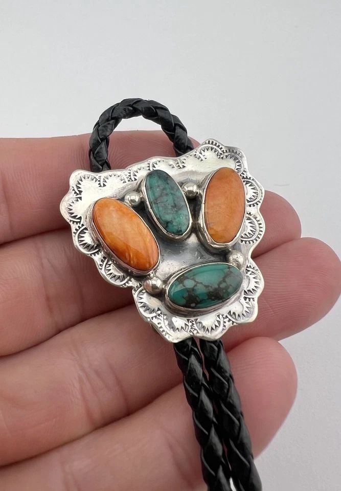 VTG NAVAJO STERLING SILVER SPINY OYSTER & SPIDERWEB TURQUOISE STAMPED BOLO TIE: Vtg Navajo Sterling Silver Orange Spiny Oyster Shell & Spiderweb Turquoise Stamped Bolo Tie Bolo Size: 1 1/4" Tall & 1 3/8" Wide Weight is 24.0 Grams on my scale Metal: Sterling Silver Amazing Natural