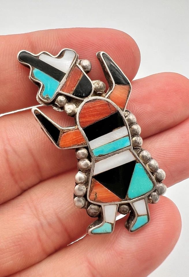 ZUNI RAINBOW MAN KACHINA STERLING SILVER MULTI COLOR INLAY STONE PIN BROOCH (1 of 2)