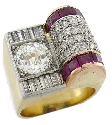 JUBILEE CUT DIAMOND RUBY GOLD RETRO RING (1 of 2)