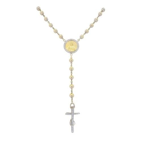 VINTAGE ROSARY 18K TWO TONE GOLD DIAMOND NECKLACE: VINTAGE ROSARY 18K TWO TONE GOLD DIAMOND NECKLACE KL JOTOO A two tone rosary necklace crafted in 18k gold, dating to the late twentieth century. The design features a long strand of polished white and