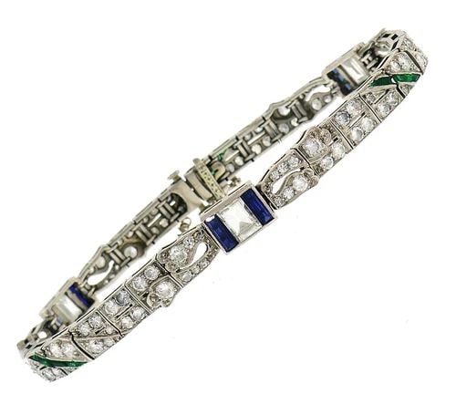 ART DECO PLATINUM BRACELET DIAMOND SAPPHIRE EMERALD (1 of 2)