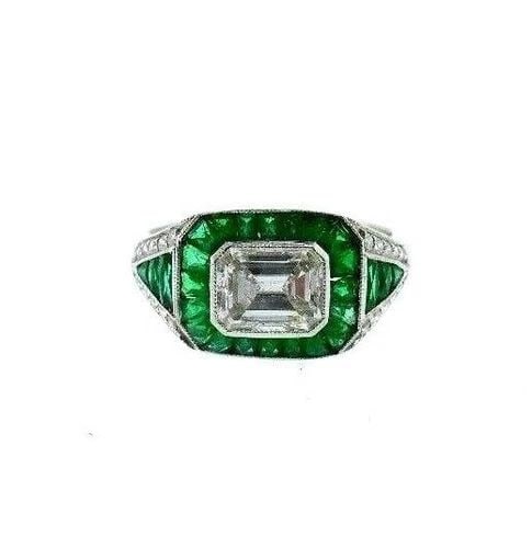 VINTAGE PLATINUM EMERALD DIAMOND ENGAGEMENT RING ART DECO STYLE (1 of 2)